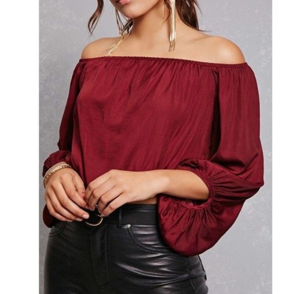 Forever 21 Burgundy off shoulder crop top